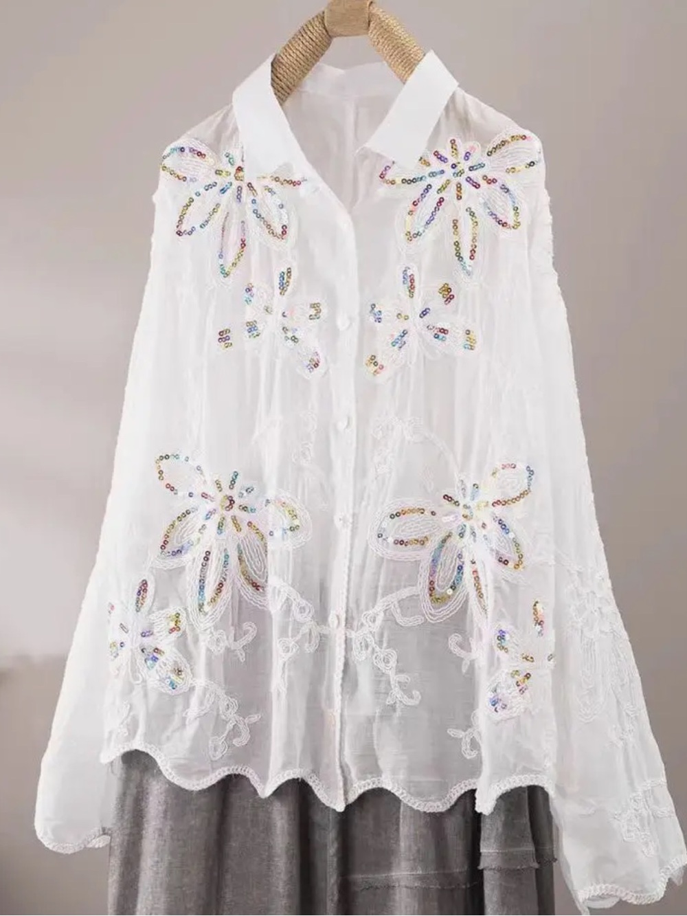 ShopEvelynne White Embroidered Sequin Floral Button-Down Blouse